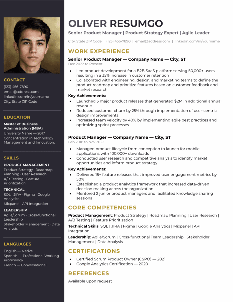 Erasmus Two-Column Resume – Page 1 Page 1 of Erasmus two-column resume template in blue with photo placeholder for Word and Google Docs