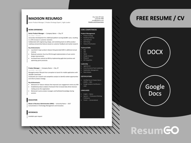 Featured image of Forth modern sidebar resume template in black with two-column layout for Word and Google Docs