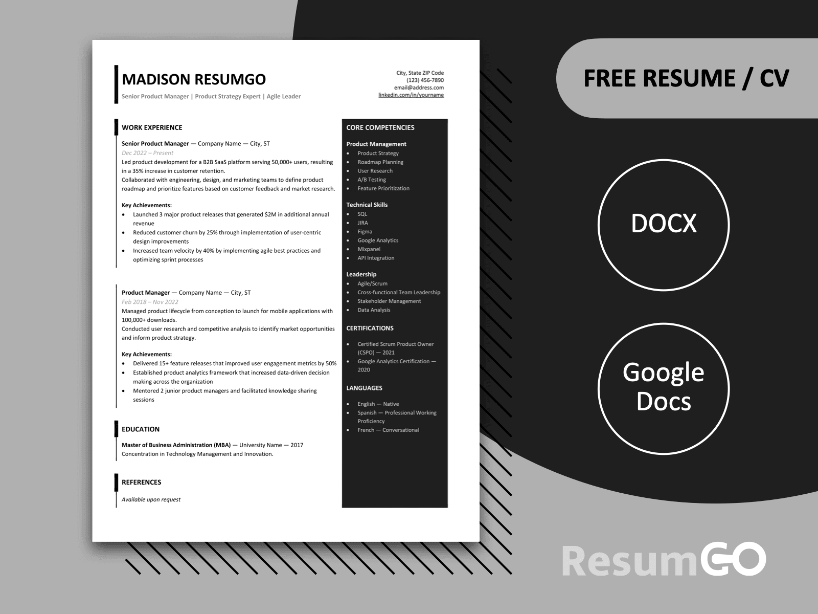 Featured image of Forth modern sidebar resume template in black with two-column layout for Word and Google Docs