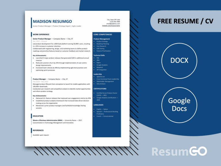 Featured image of Forth modern sidebar resume template in blue with right sidebar design for Word and Google Docs