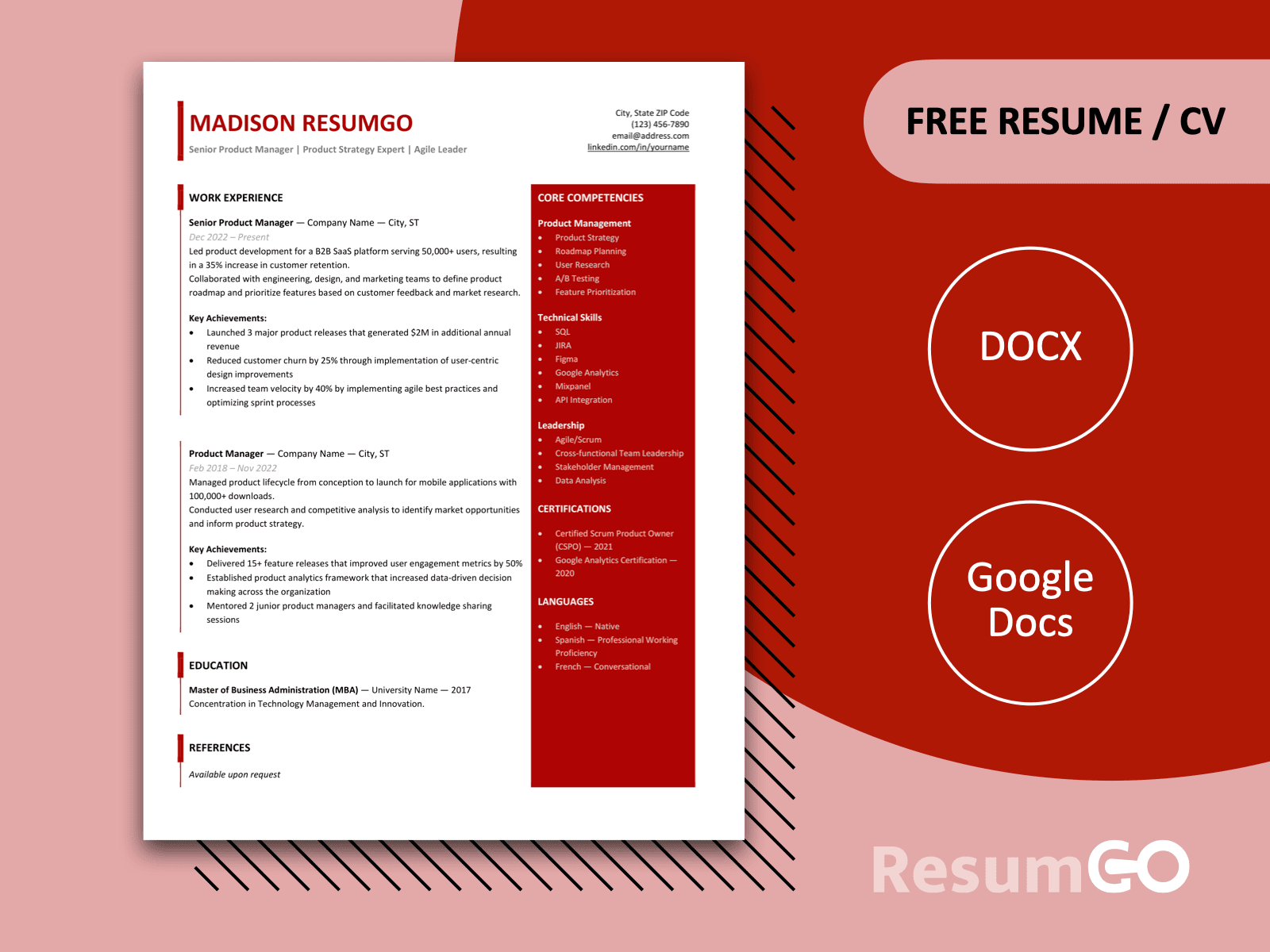 Featured image of Forth modern sidebar resume template in red with bold sidebar layout for Word and Google Docs