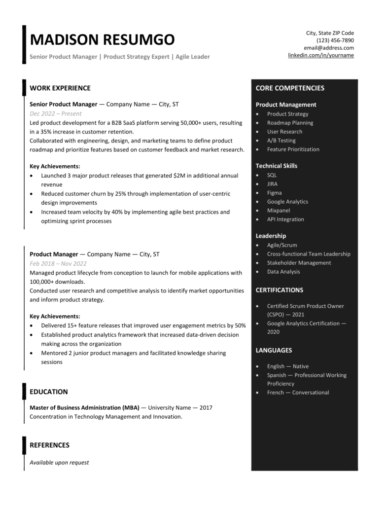 Page 1 preview of Forth modern sidebar resume template in black showing two-column layout for Word and Docs