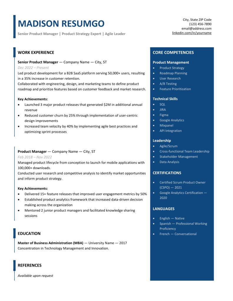 Page 1 preview of Forth modern sidebar resume template in blue with right skills sidebar for Word and Docs