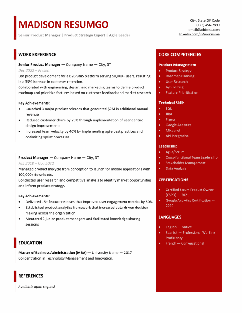 Page 1 preview of Forth modern sidebar resume template in red showing skills sidebar and sections for Word and Docs