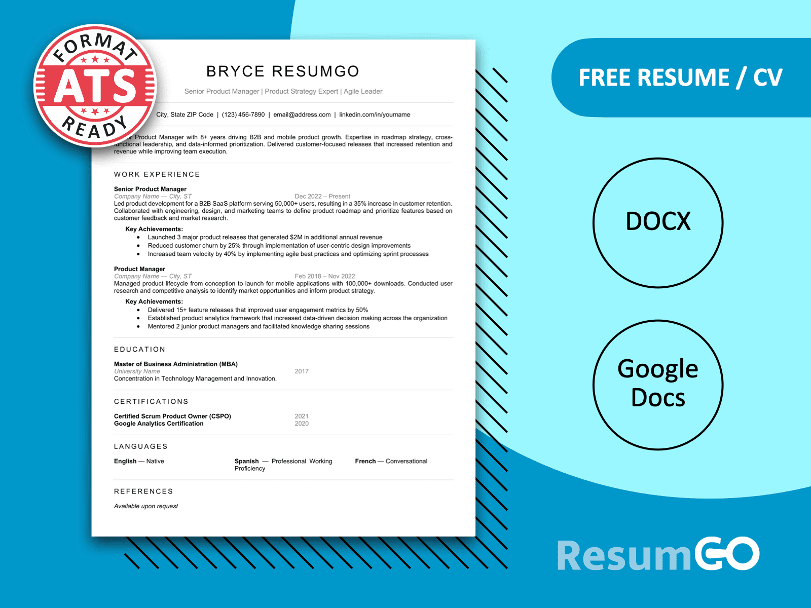 Featured image of Golden State resume template with minimal one-page ATS layout for Word and Google Docs