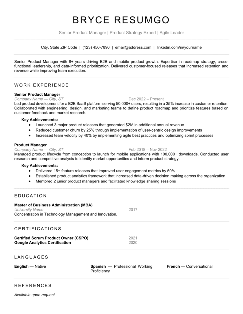 Page 1 preview of Golden State resume template showing clean ATS sections for Word and Google Docs