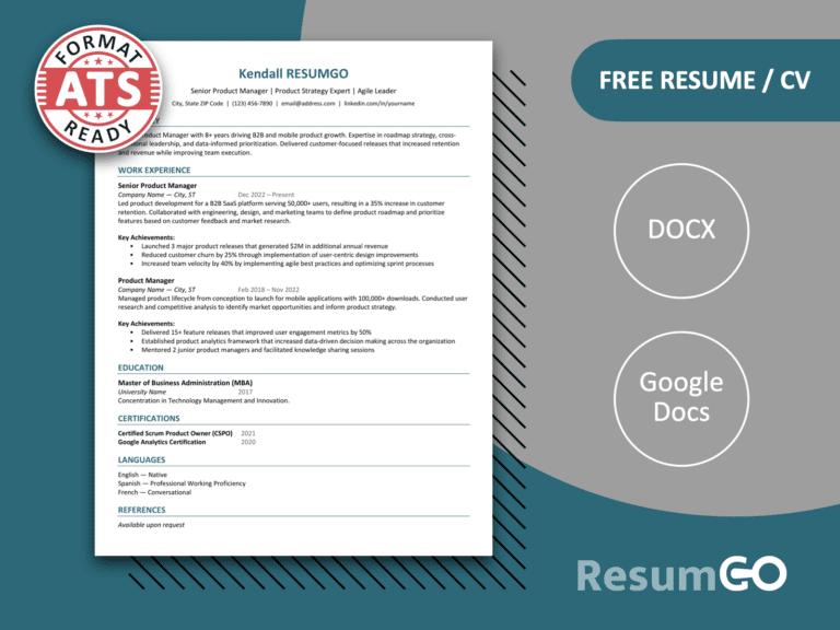 Featured image of Harbor resume template in teal with clean one-page ATS format for Word and Google Docs