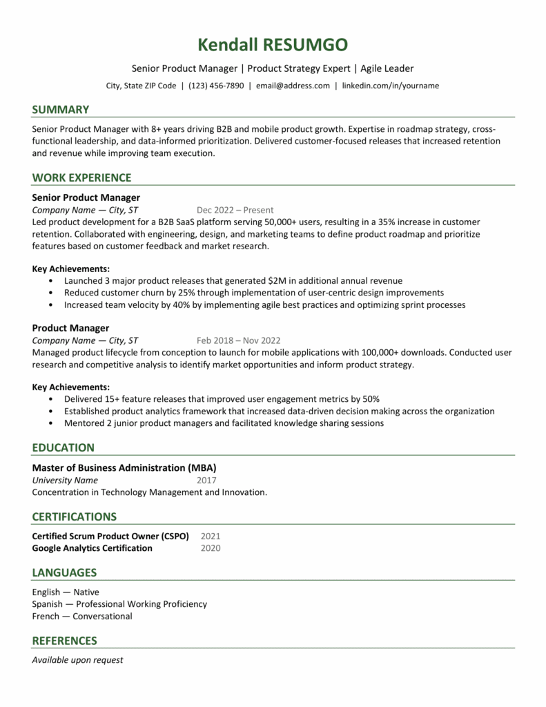 Resume preview of Harbor resume template in green showing simple layout for Word and Google Docs