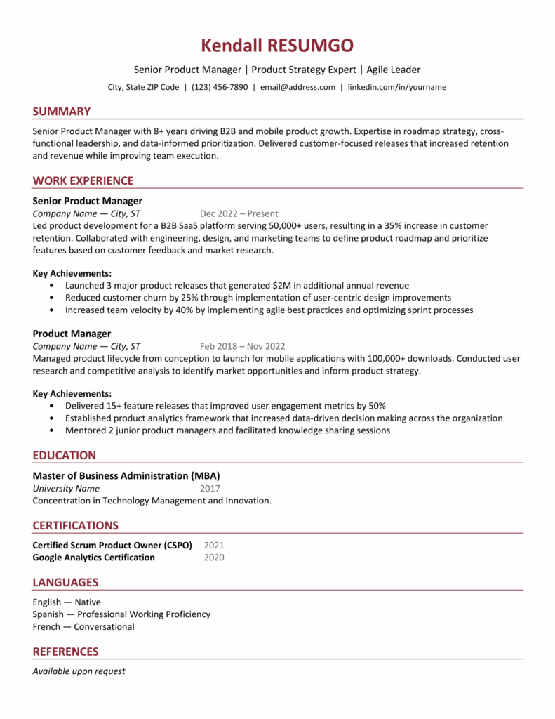 Resume preview of Harbor resume template in red with professional sections for Word and Google Docs