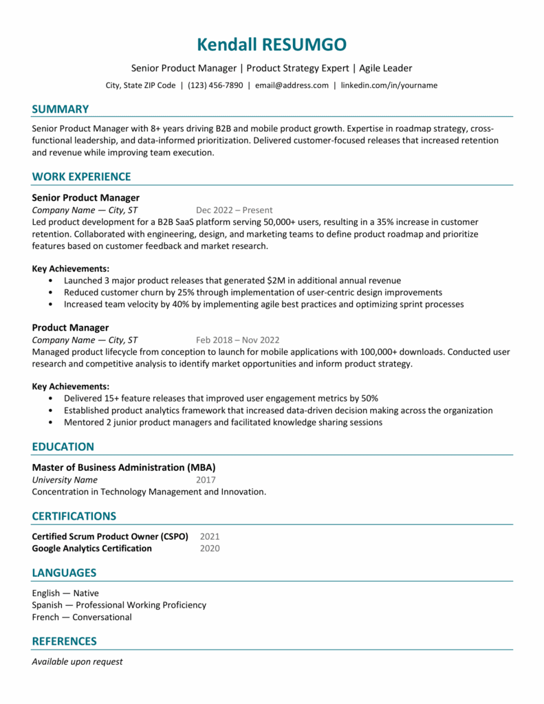 Resume preview of Harbor resume template in teal with clean headings for Word and Google Docs