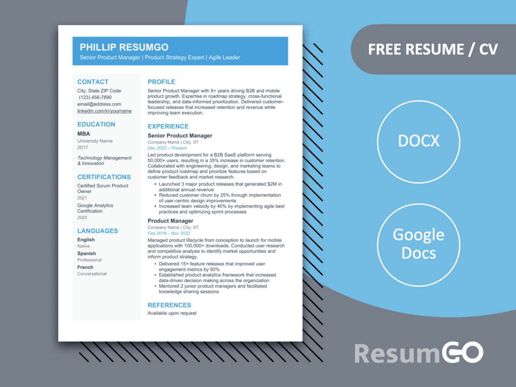 Itsukushima Modern Resume Template in light blue with structured two-column layout for Word and Google Docs