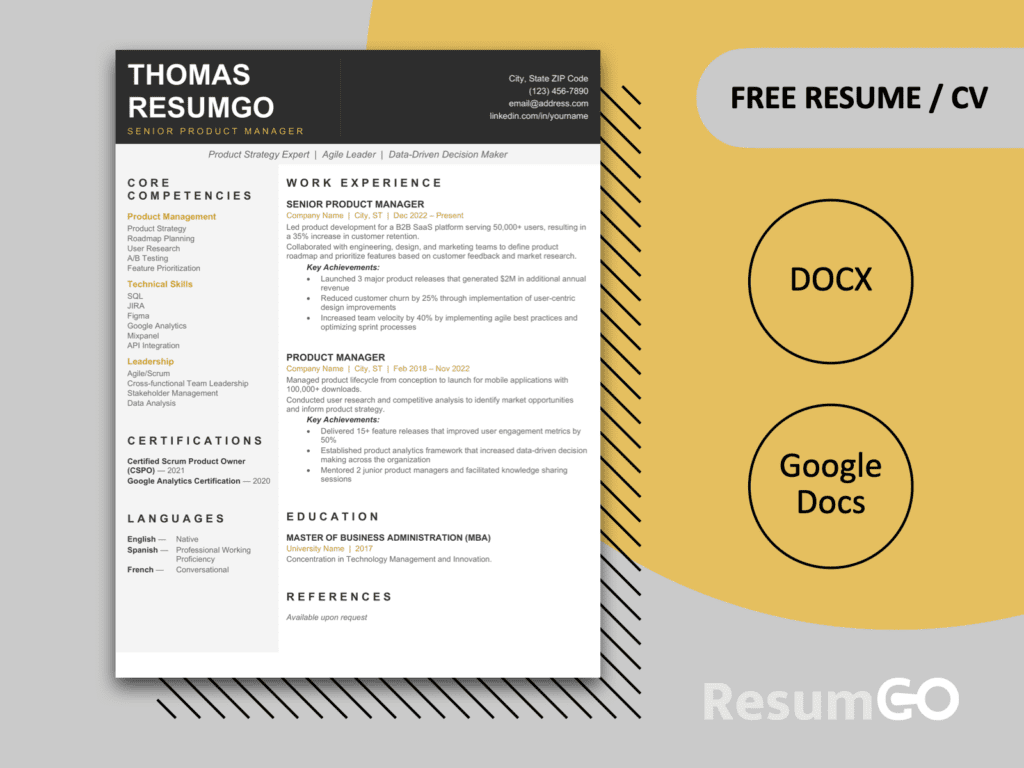 Jacques Cartier Executive Resume Template in black and gold with modern executive layout for Word and Google Docs