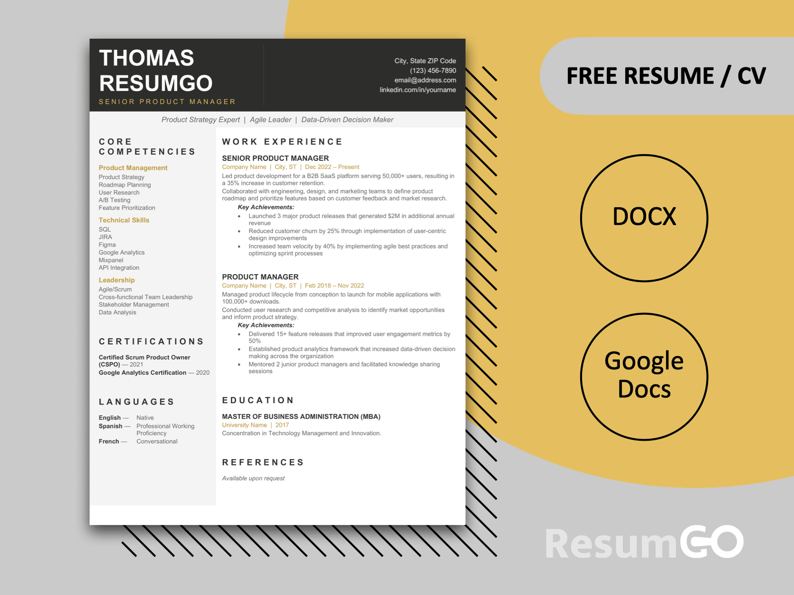 Jacques Cartier Executive Resume Template in black and gold with modern executive layout for Word and Google Docs