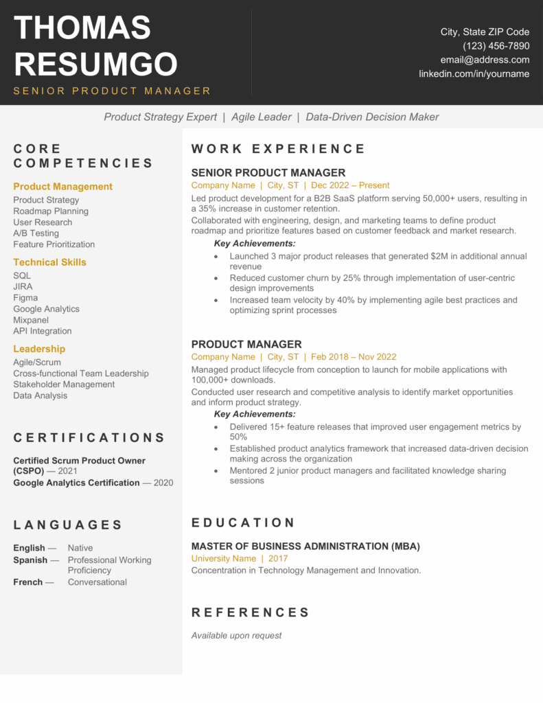 Preview of Jacques Cartier Executive Resume Template in black and gold showing two-column executive layout for Word and Google Docs