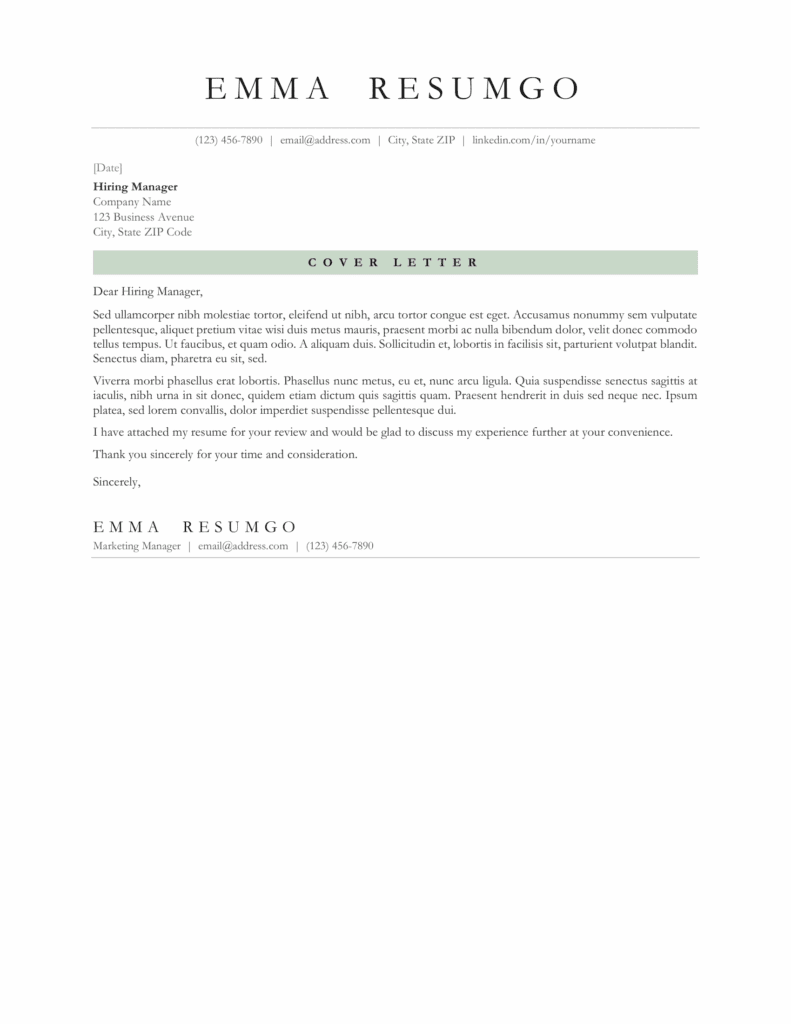 Cover letter of Quebec classic professional resume template in sage green with classic layout and typography for Word and Google Docs