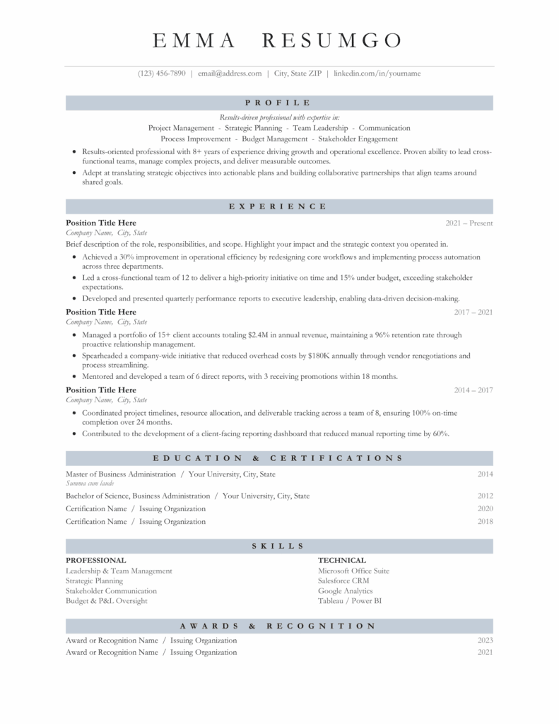Preview of Quebec classic professional resume template in slate dusty blue with clean single-column layout for Word and Google Docs