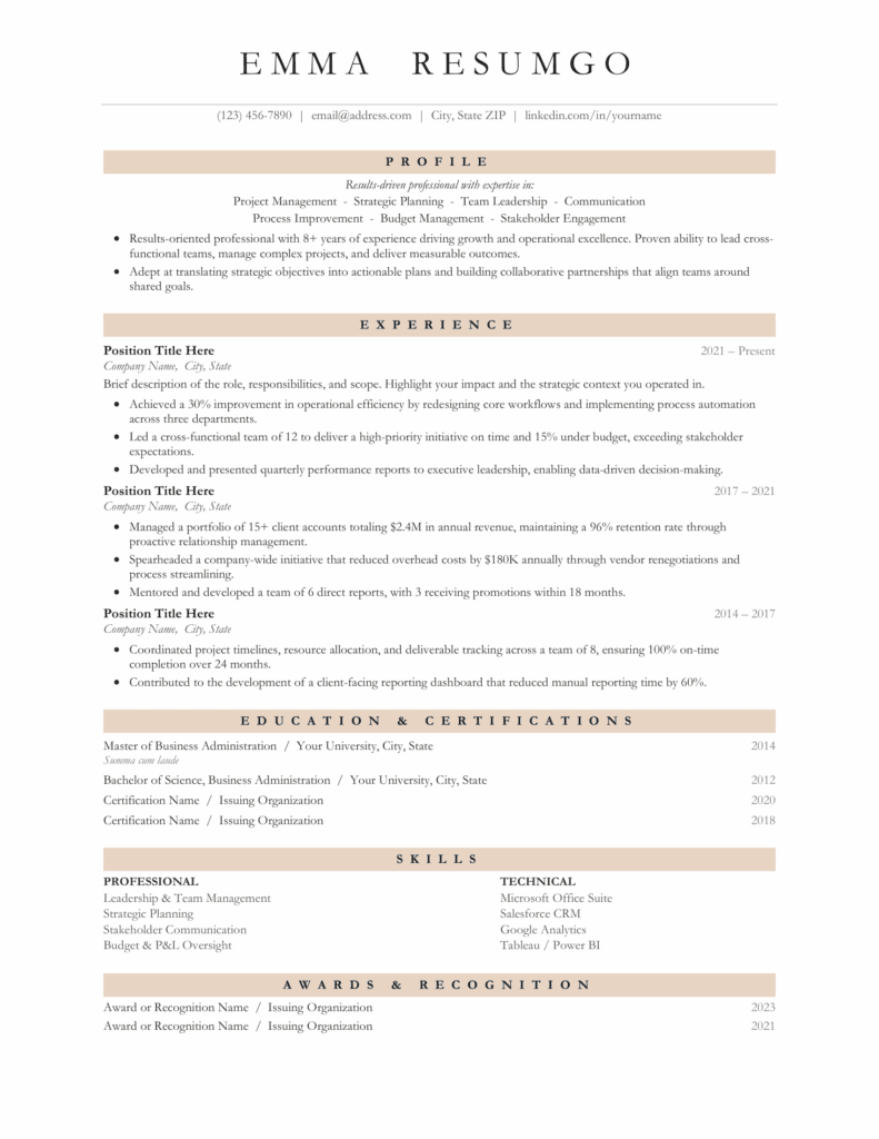 Preview of Quebec classic professional resume template in warm terracotta with structured single-column design for Word and Google Docs