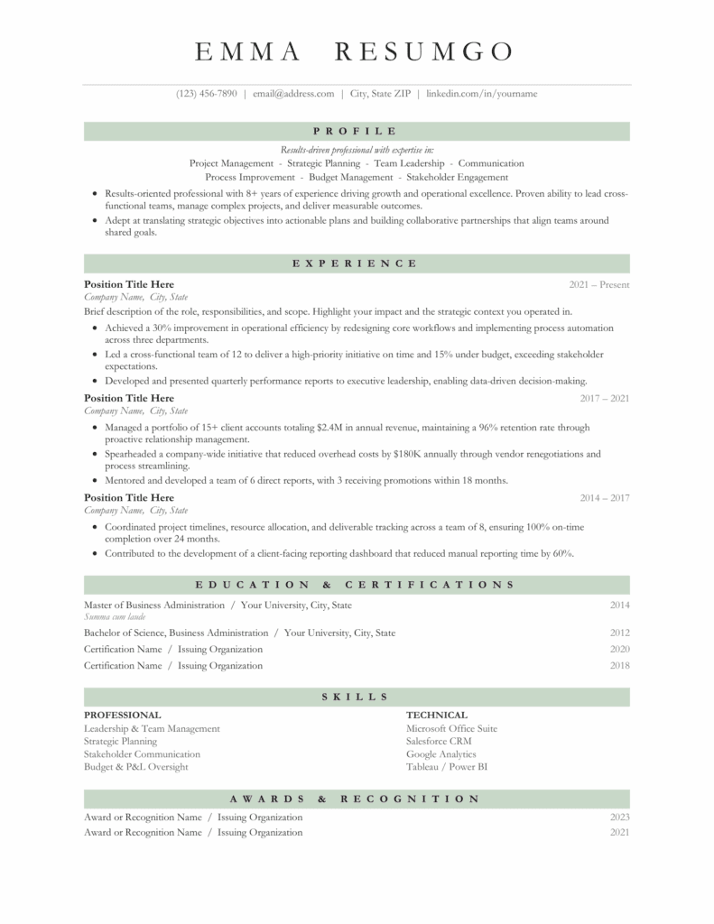 Preview of Quebec classic professional resume template in sage green with elegant typography and single-column layout for Word and Google Docs