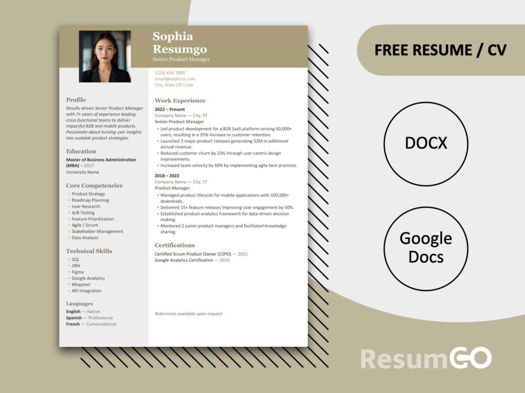 London Modern Two-Column Resume Template with professional two-column layout and photo placeholder for Microsoft Word and Google Docs