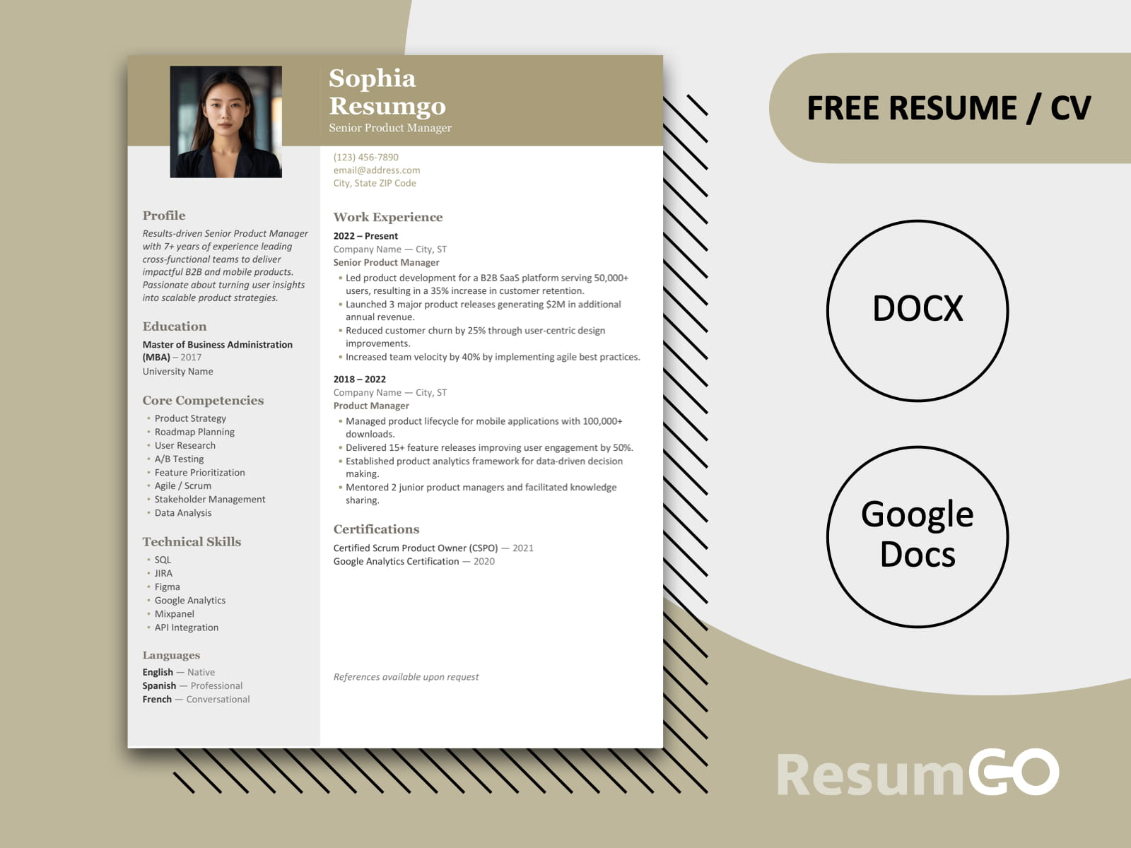 London Modern Two-Column Resume Template with professional two-column layout and photo placeholder for Microsoft Word and Google Docs