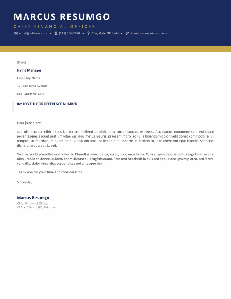 Preview of matching Manhattan Professional ATS cover letter template with navy header, gold divider line, and professional formatting