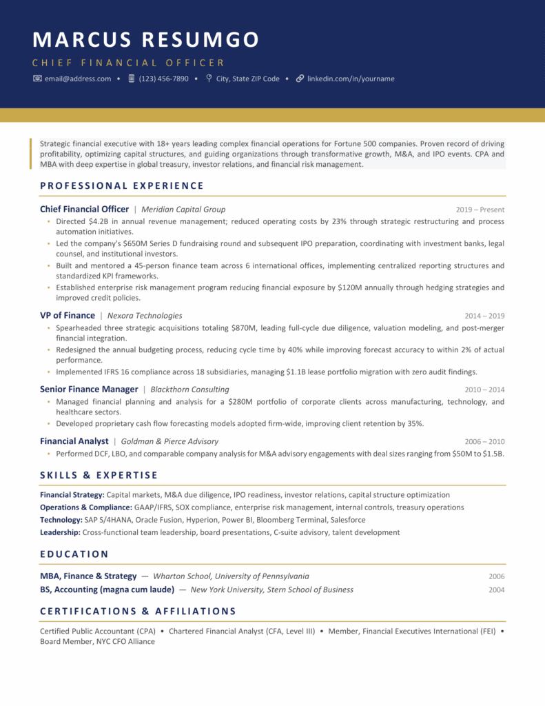 Preview of Manhattan Professional ATS resume template showing navy header, gold section divider line, and structured professional layout