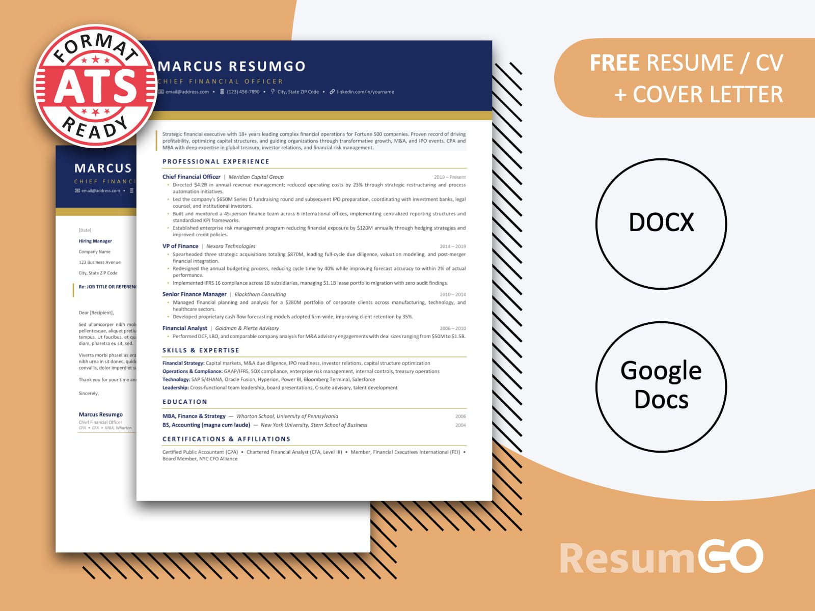 Manhattan Professional ATS resume template featuring navy header, gold divider accents, and clean corporate layout for Word and Google Docs