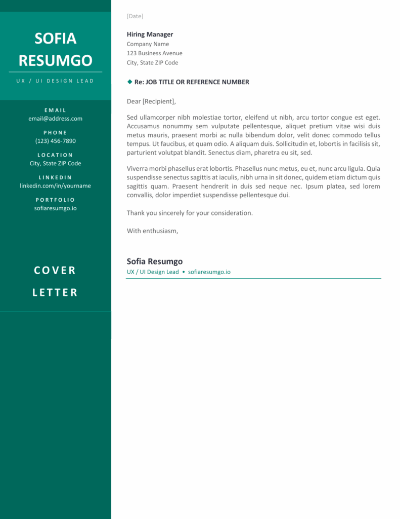 Preview of Nanpu clean cover letter template with matching sidebar layout designed for Microsoft Word and Google Docs