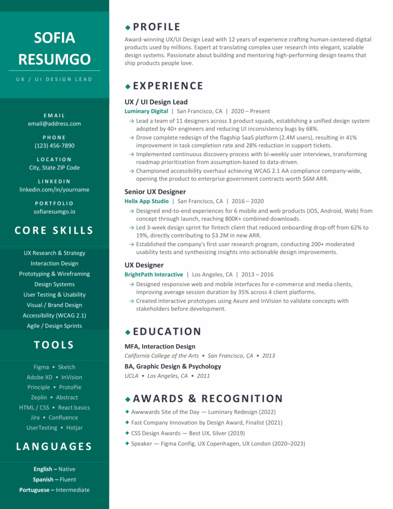 Preview of Nanpu clean two-column resume template showing modern sidebar layout with experience, skills, and education sections