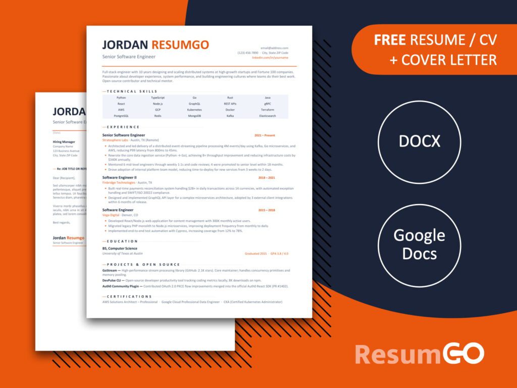 Clean professional Oakland resume template with structured single-column layout and orange accents for Word and Google Docs