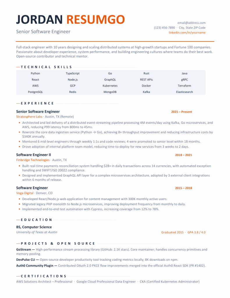 Preview of Oakland clean professional resume template showing structured sections for experience, skills, and education