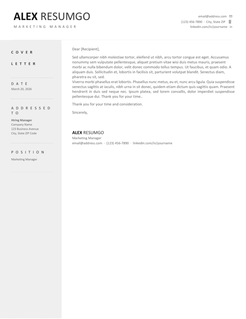 Pont-Neuf Professional Resume Template – Cover Letter Preview Cover letter preview of Pont-Neuf professional resume template with matching layout, sidebar design, and clean formatting for Word and Google Docs