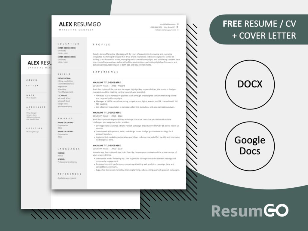 Professional resume template with clean single-column layout, structured sections, and modern typography for Word and Google Docs