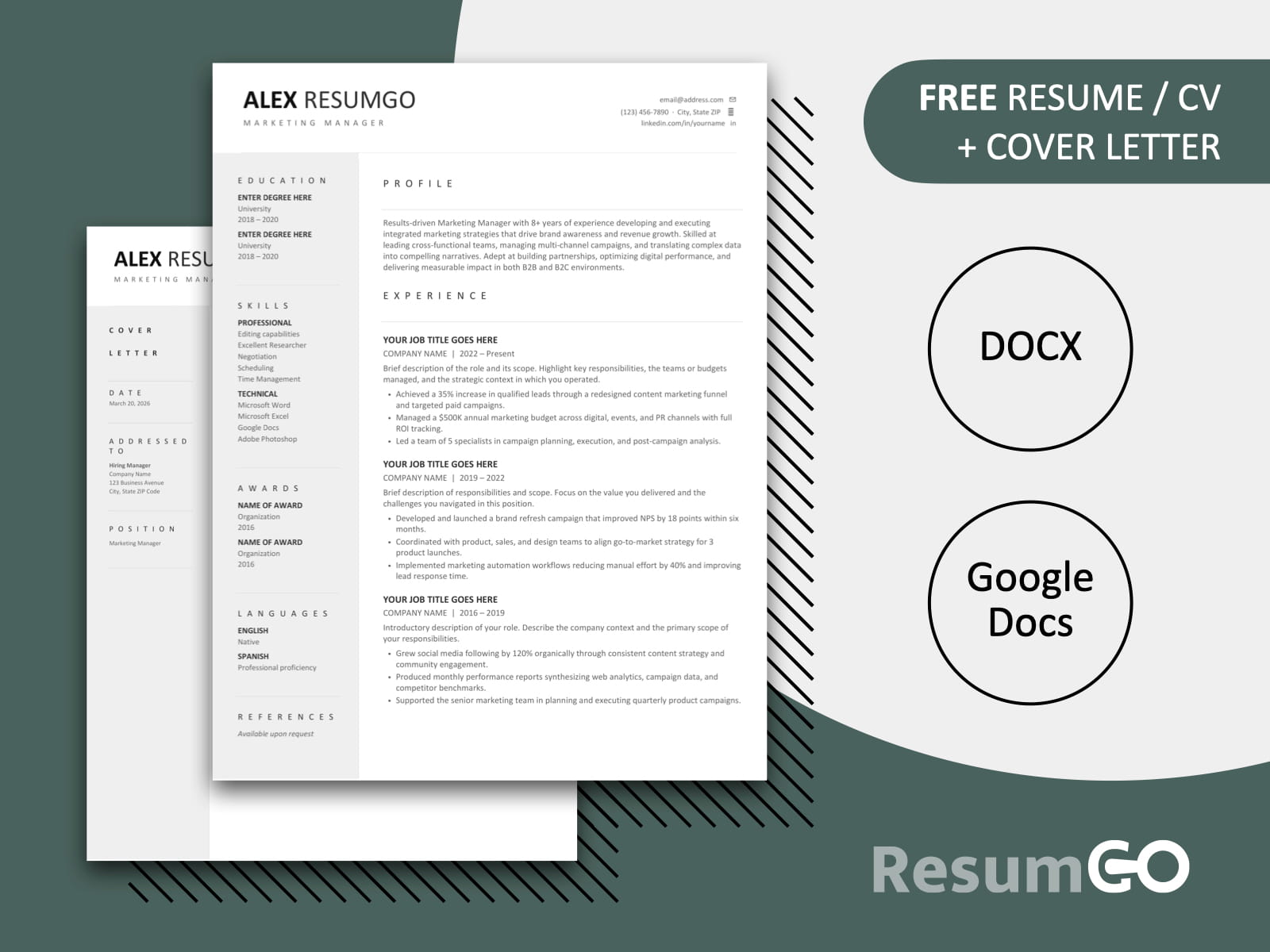 Professional resume template with clean single-column layout, structured sections, and modern typography for Word and Google Docs
