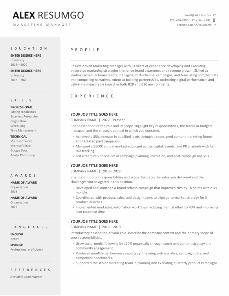 Pont-Neuf Professional Resume Template – Resume Preview Resume preview of Pont-Neuf professional resume template showing structured layout, sidebar sections, and clean typography for Word and Docs