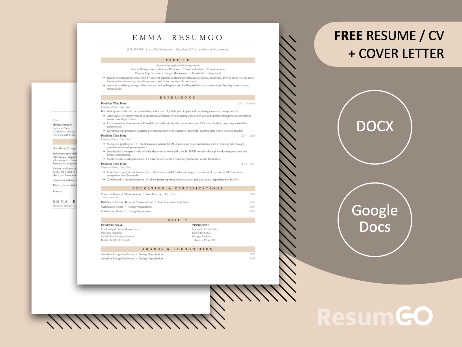 Quebec classic professional resume template in warm terracotta with structured professional layout for Word and Google Docs