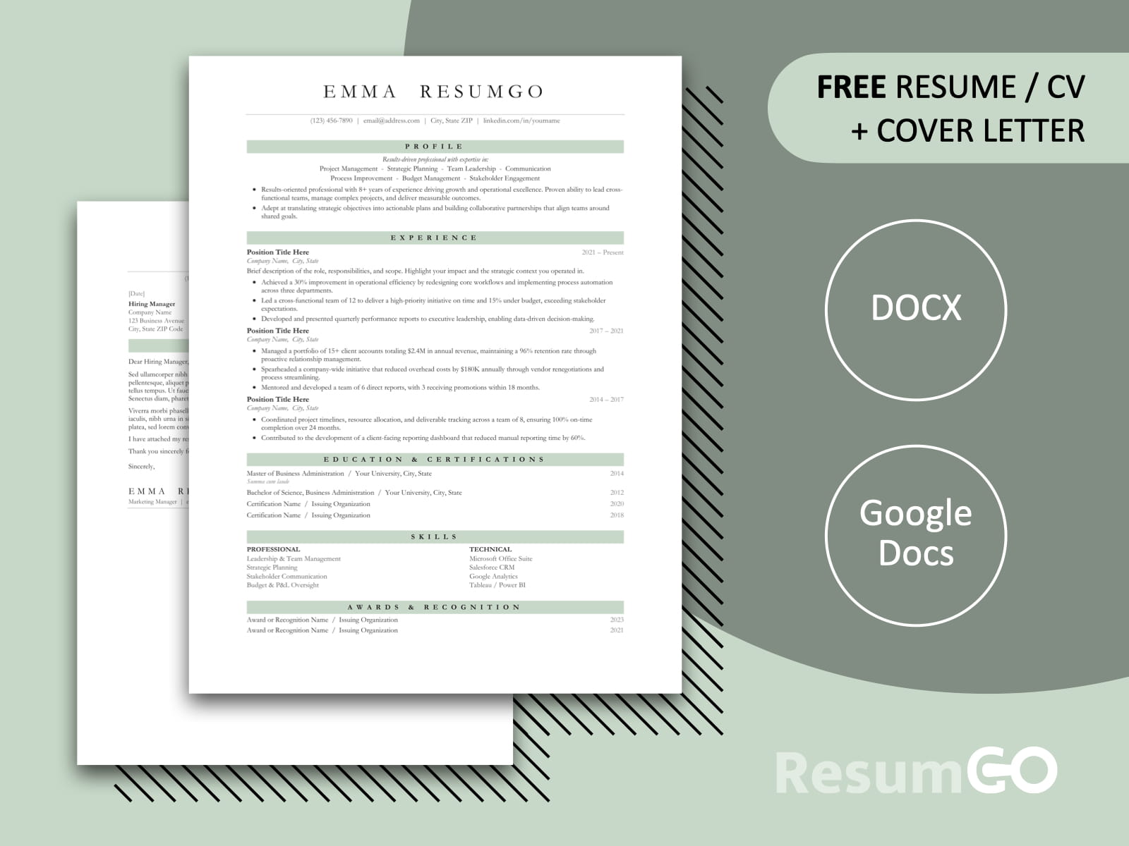 Quebec classic professional resume template in sage green with elegant typography and clean layout for Word and Google Docs