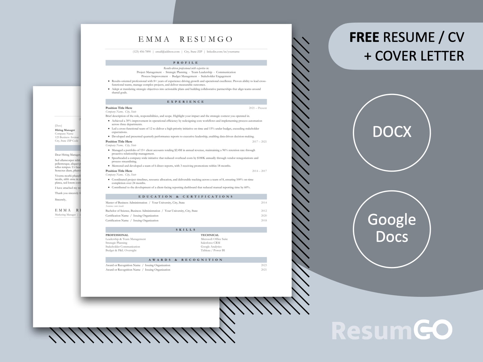 Quebec classic professional resume template in slate dusty blue with clean single-column layout for Word and Google Docs