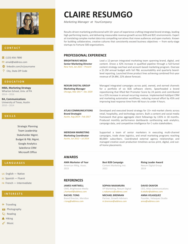 Rialto Modern Sidebar Resume Template Preview Preview of Rialto modern sidebar resume template with gold sidebar, structured sections, and photo layout for Word and Docs