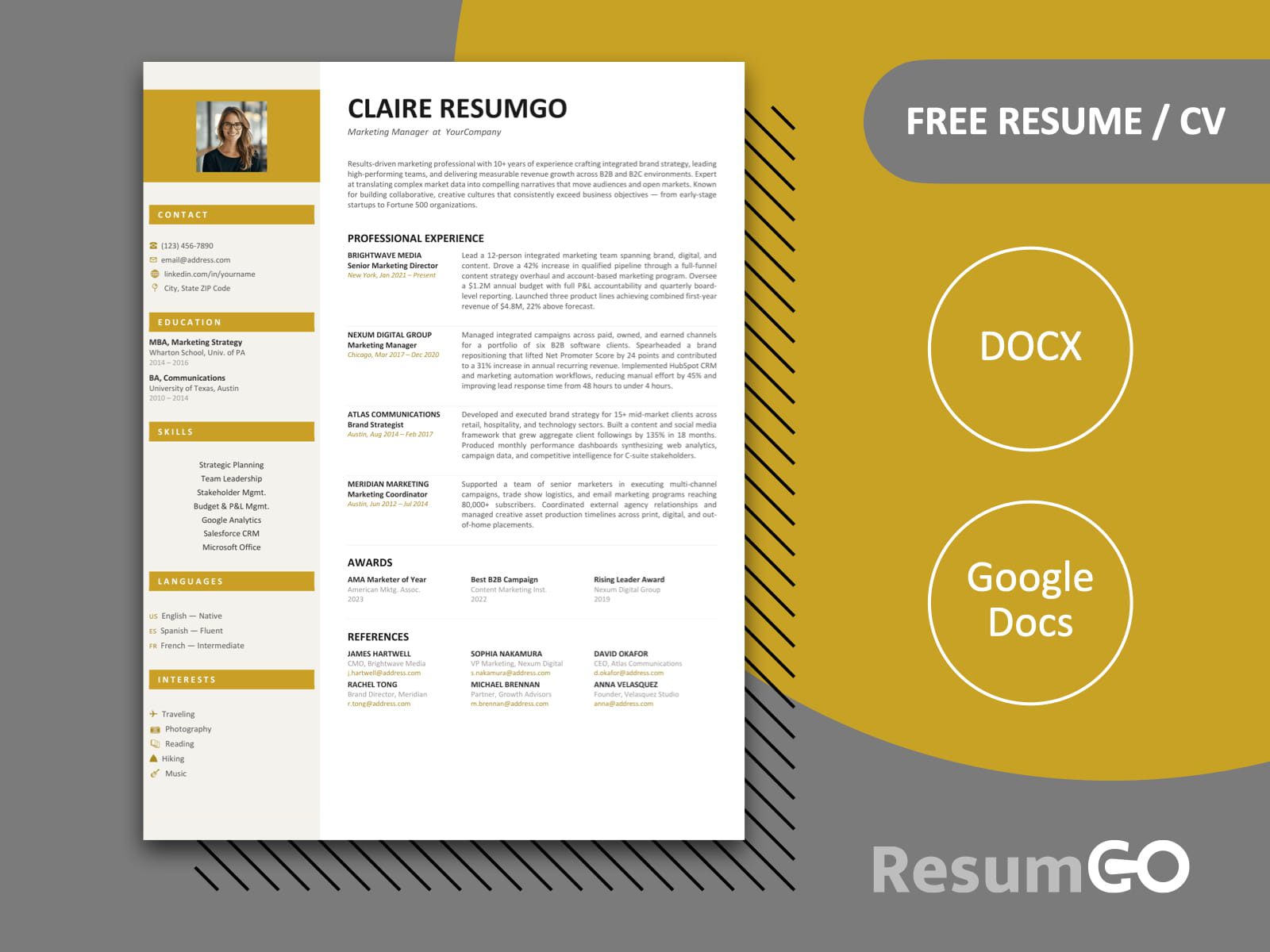 Modern sidebar resume template with gold accents, photo placeholder, and clean layout for Microsoft Word and Google Docs