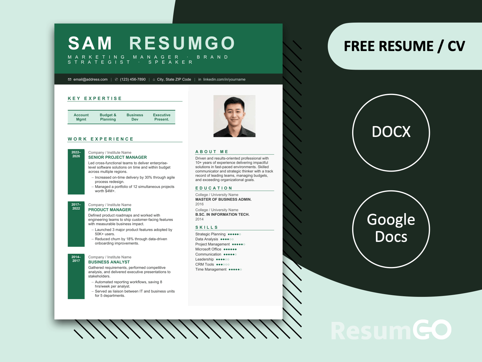 Modern sidebar resume template in green with photo placeholder and clean structured layout for professional CVs
