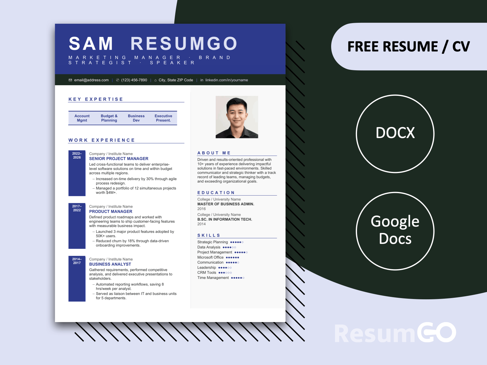 Modern purple sidebar resume template with photo placeholder and clean professional layout for job applications