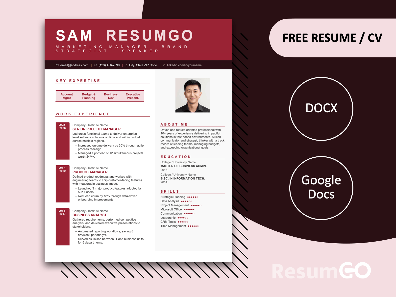 Modern red sidebar resume template with photo placeholder and structured layout for professional resumes