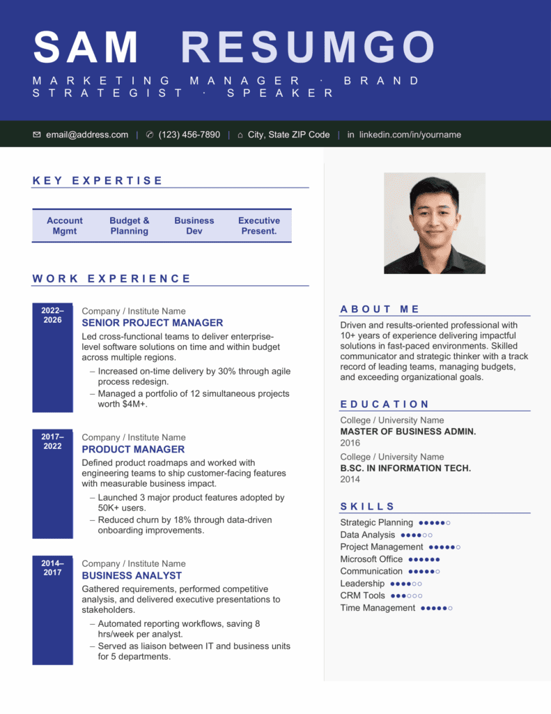 Purple sidebar resume template preview with organized sections, tables, and clear professional formatting