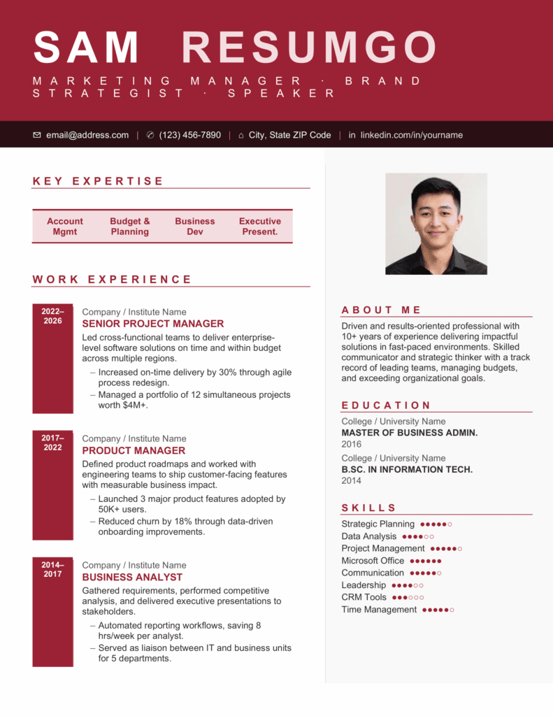 Red sidebar resume template preview with clean sections, table layout, and professional formatting