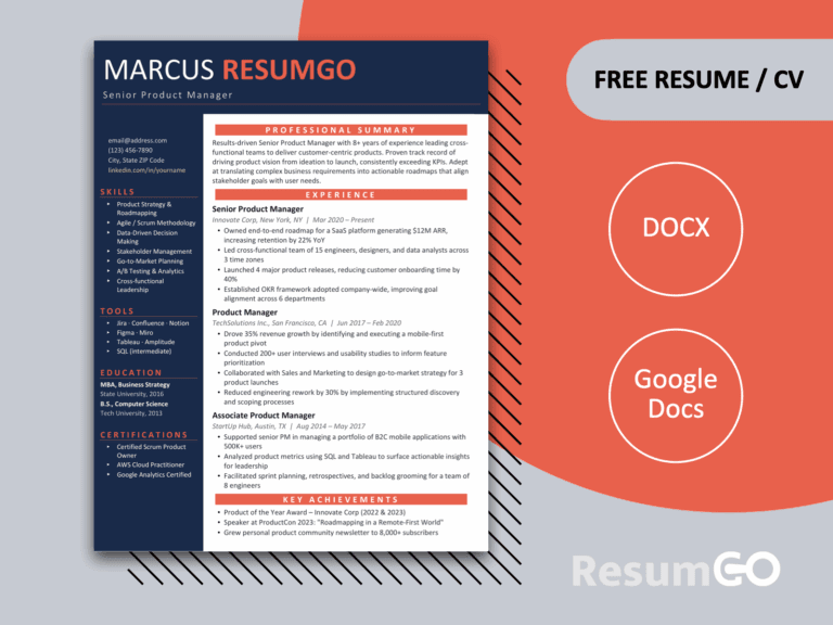 Modern blue resume template with clean table layout, structured sections, and professional one page CV design