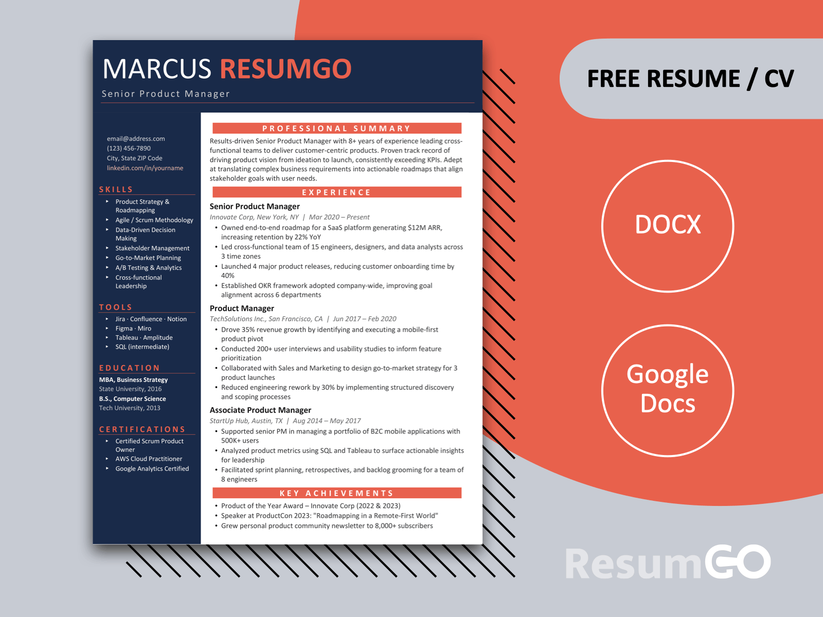 Modern blue resume template with clean table layout, structured sections, and professional one page CV design