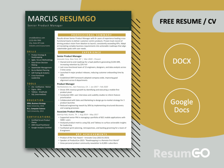 Modern green resume template with structured table layout, clean sections, and minimal professional CV design