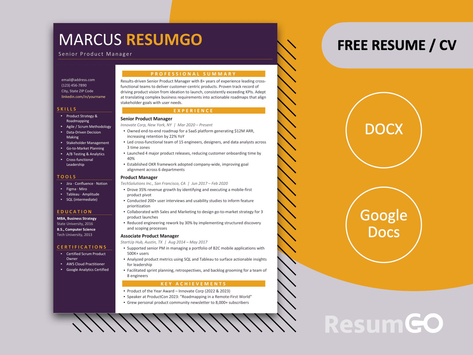 Modern purple resume template with clean table structure, organized sections, and professional one page CV layout