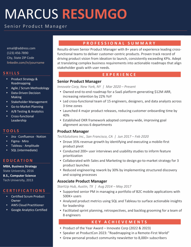 Blue modern resume template preview showing table-based structure, organized sections, and clean professional layout